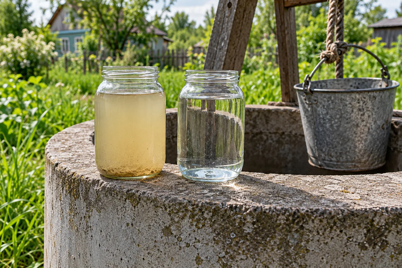 Мутная и чистая вода из колодца в банках